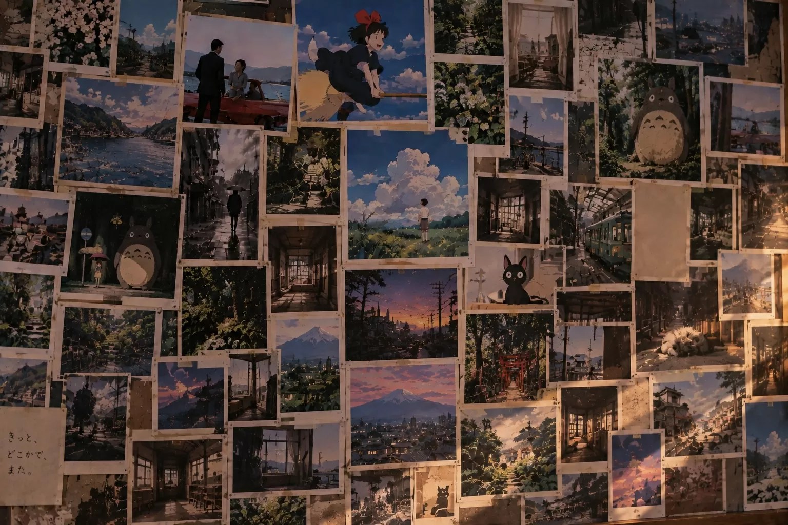 日本映画やアニメの場面を思わせる写真やイラストが、壁一面に並べられたコラージュ