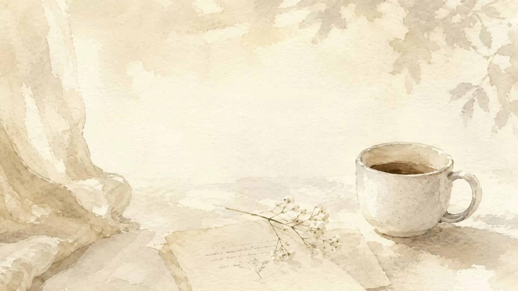やわらかな光と葉の影が落ちる生成りの紙に、白い小花とコーヒーカップが添えられた静かな机上風景。