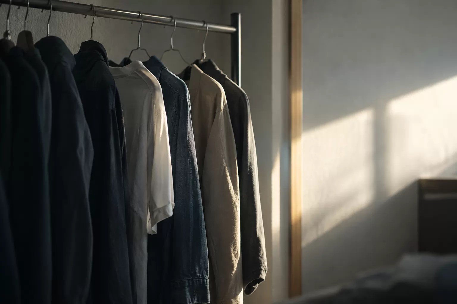 ハンガーに掛かった黒、白、ベージュの服と、右側の壁に差し込む光
