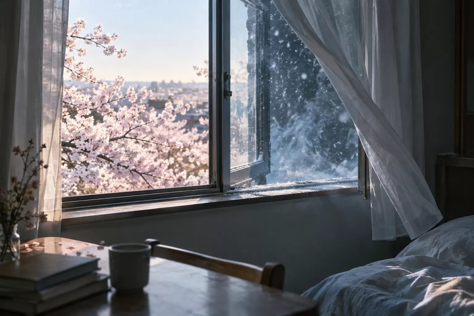 春の桜が見える窓辺に、冷たい冬の空気が入り込む室内