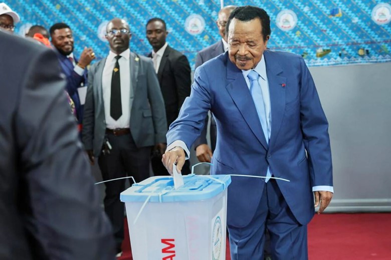 President Paul Biya casts his ballot at the Government Bilingual primary school Bastos in Yaounde, Cameroon, Saturday, Oct.12. 2025(AP Photo/Angel Ngwe)