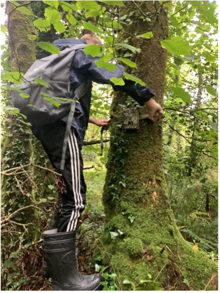 student setting up a wildlife camera in the woods.