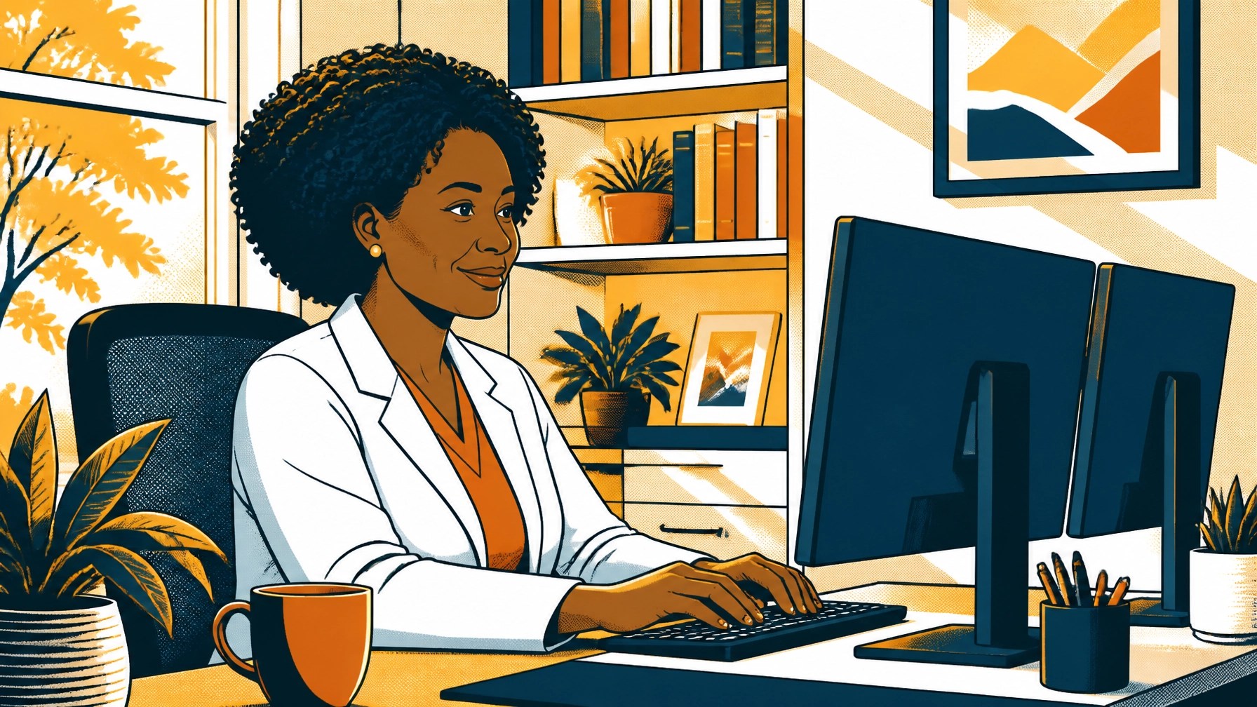 Clinician in a white coat working at a dual-monitor home office set up for a telehealth private practice