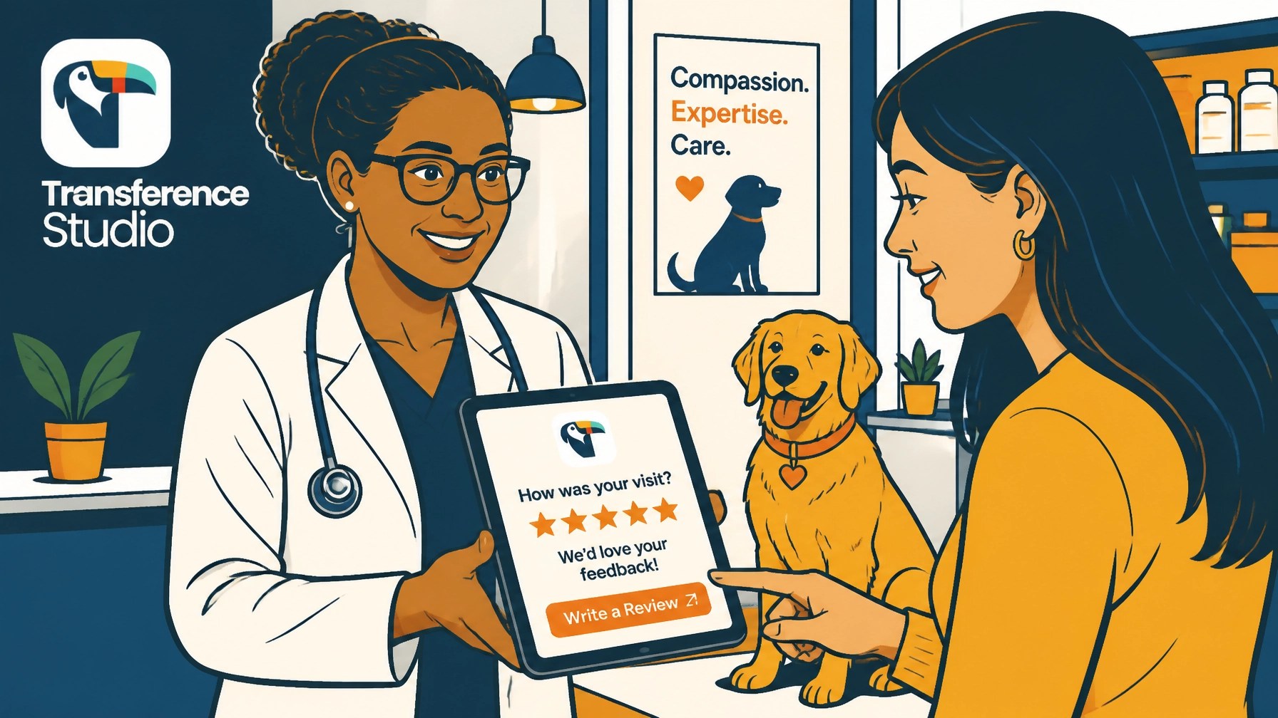 Veterinarian showing a client a tablet with a five-star "Write a Review" prompt while a golden retriever sits beside them