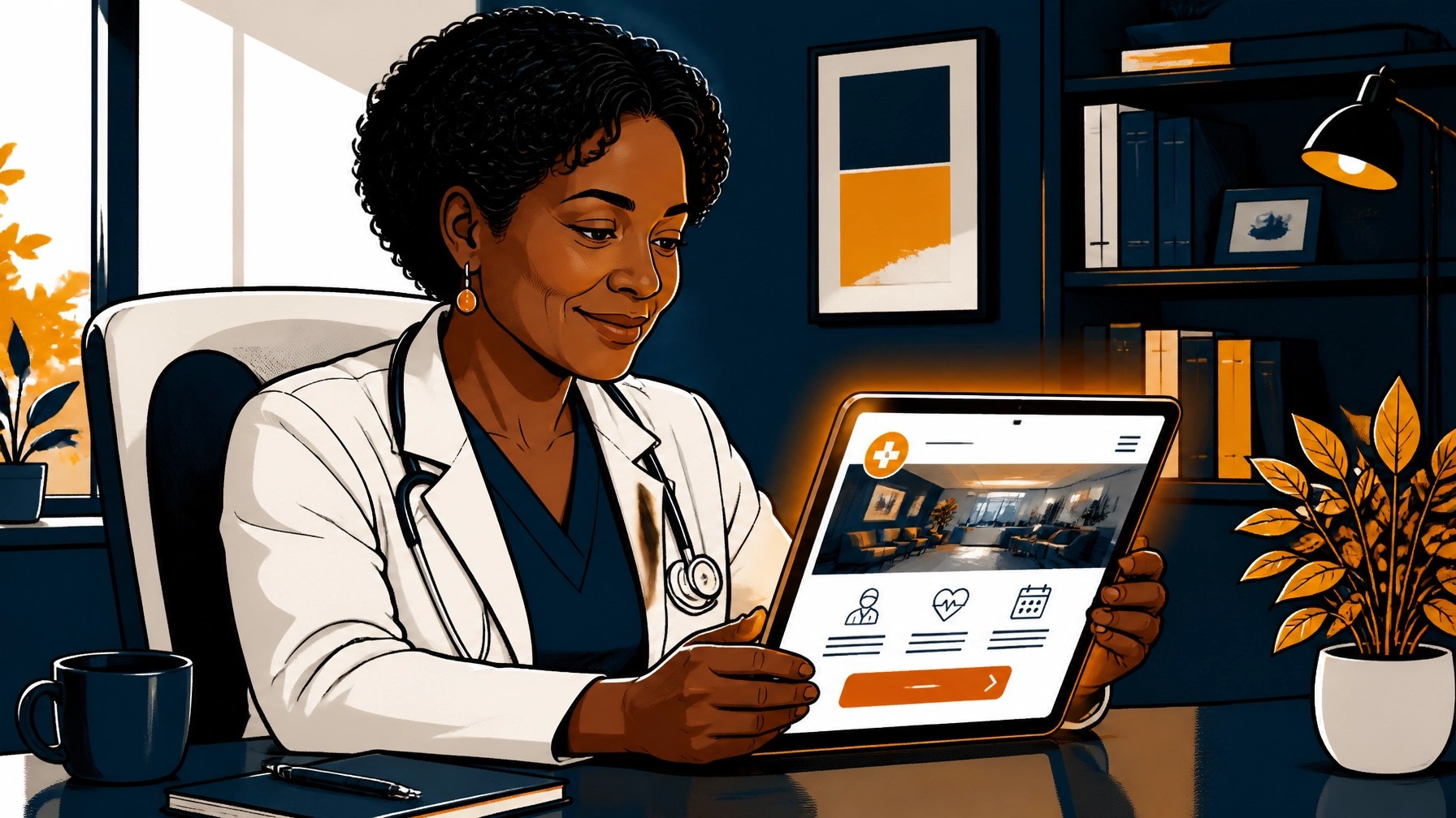 Physician in a white coat reviewing her medical practice website on a tablet in a warm office