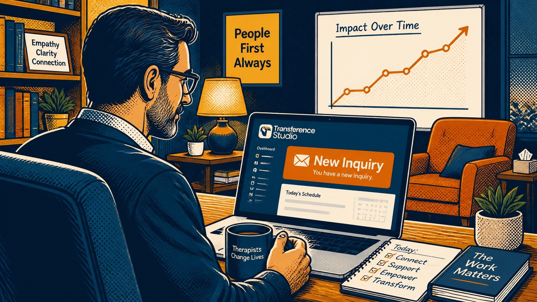 Therapist reading a new client inquiry on his laptop beside a rising "impact over time" chart, showing the payoff of accessible design