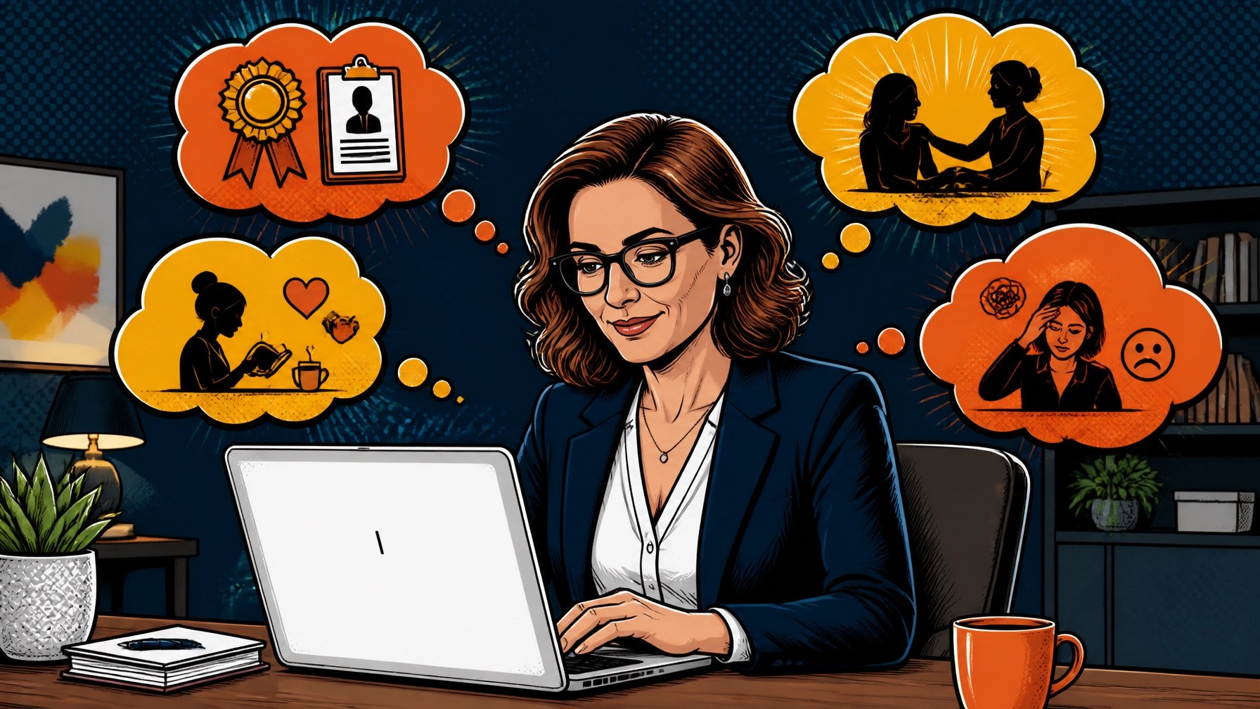 Therapist writing at her laptop with thought bubbles of credentials, client connection, and care, illustrating an about page that builds trust
