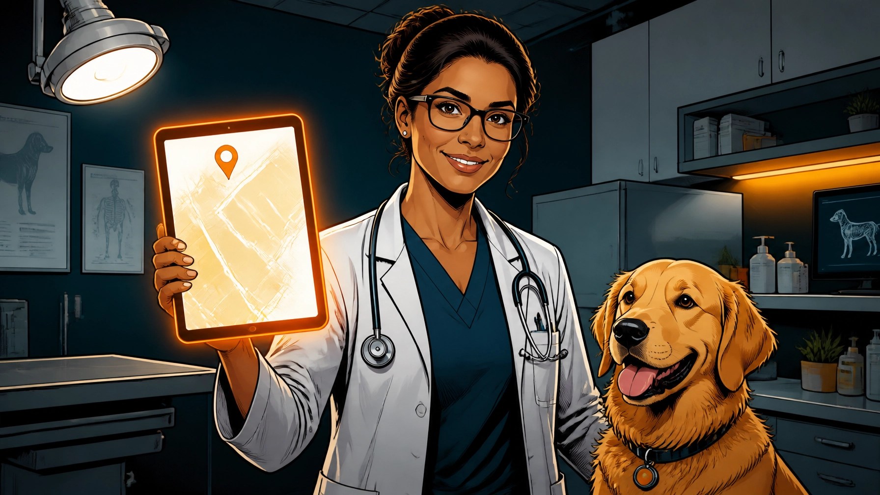 Veterinarian in an exam room holding a tablet with a glowing map pin beside a golden retriever, illustrating veterinary SEO