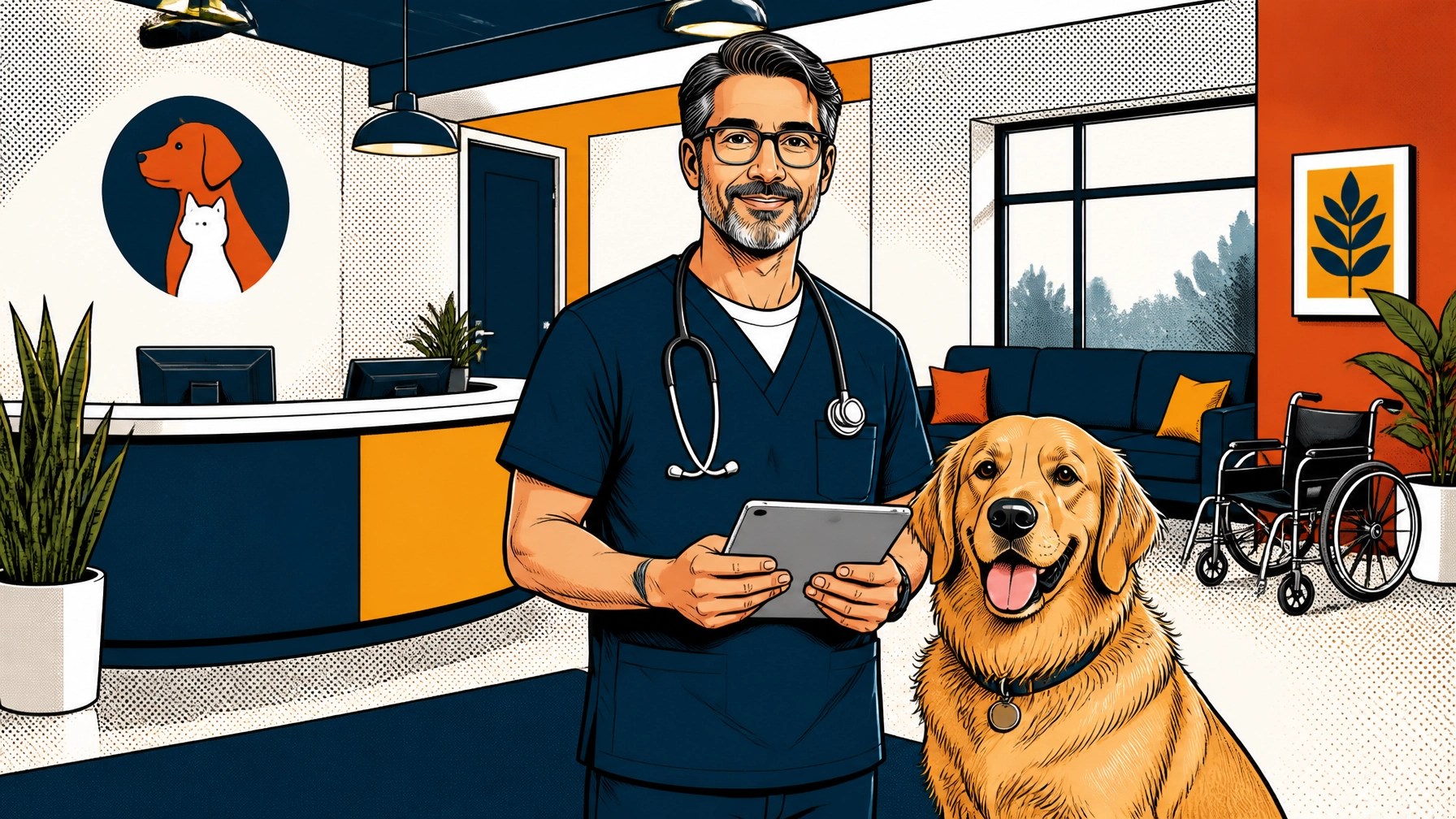 Veterinarian holding a tablet in a welcoming clinic lobby with a golden retriever, reception desk, and accessible seating
