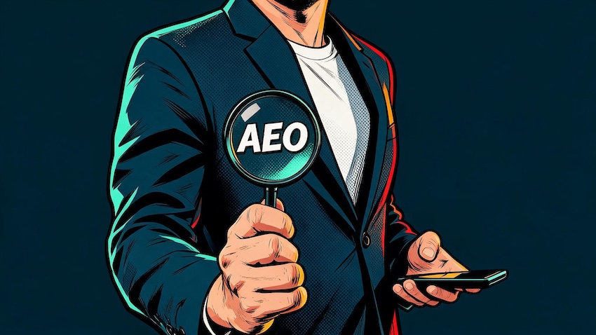 A person in a suit holds up a magnifying glass with AEO inside it while checking a phone in their other hand.