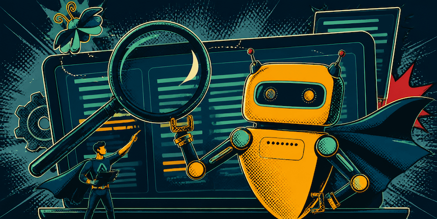 A robot sits under a huge magnifying glass while a person points up at a screen full of text, inspecting how a machine reads a page.