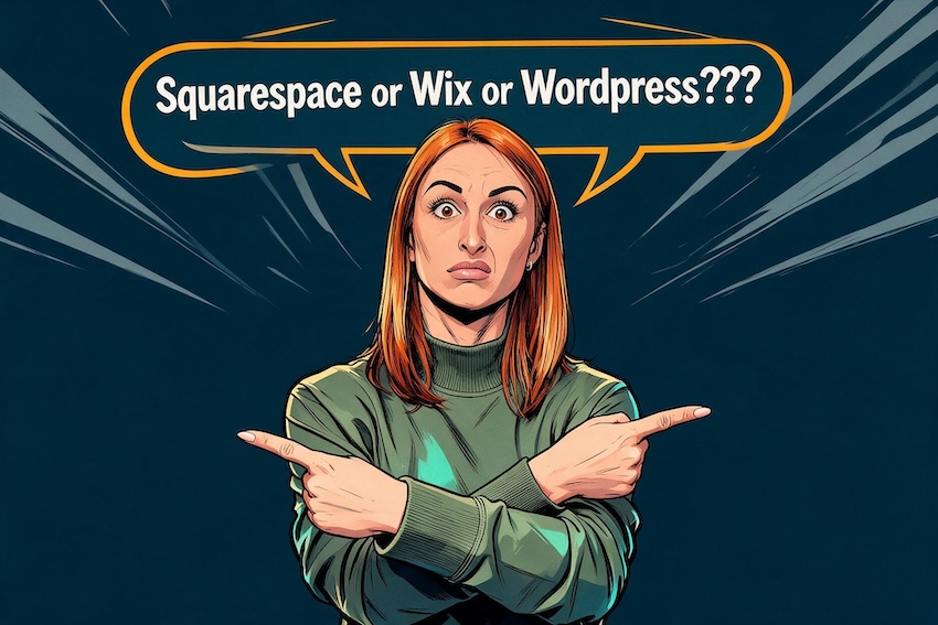Squarespace vs WordPress vs Wix: a private practice owner points in two directions beneath a speech bubble asking which website platform to choose.