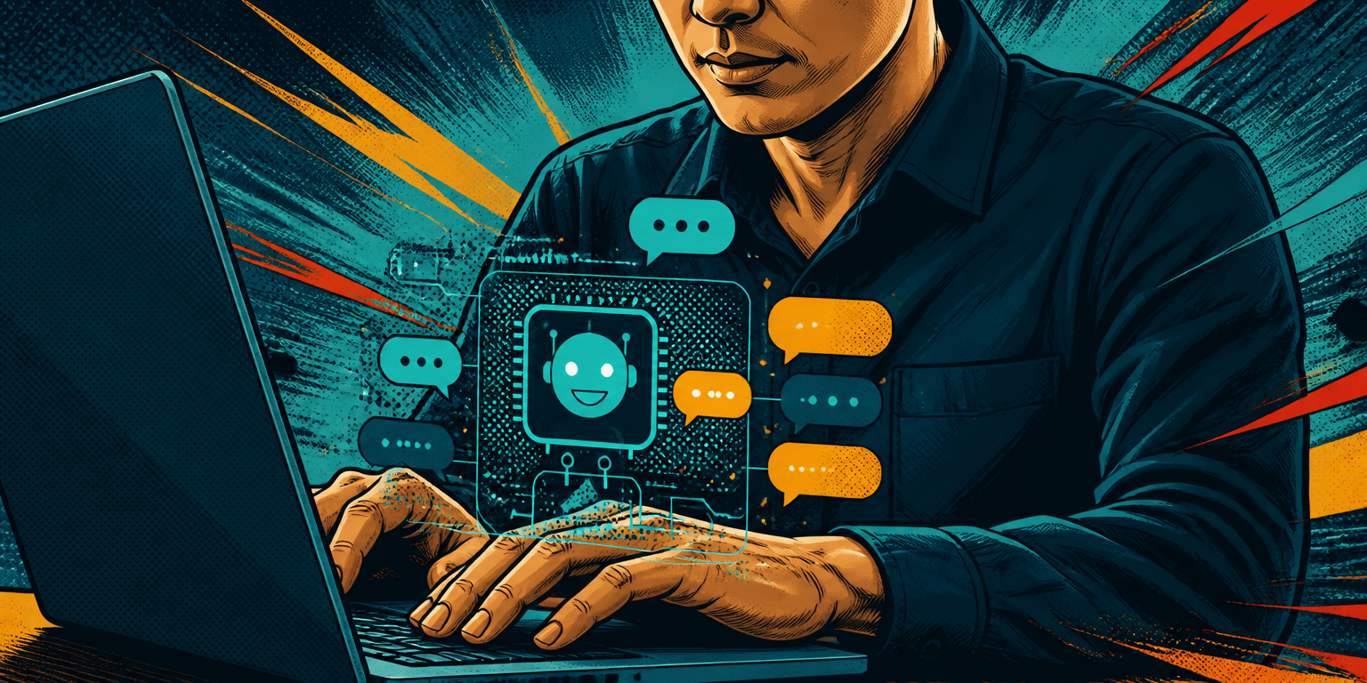 A practice owner types a question into a laptop while chat bubbles and a chatbot icon show ChatGPT assembling an answer around them.