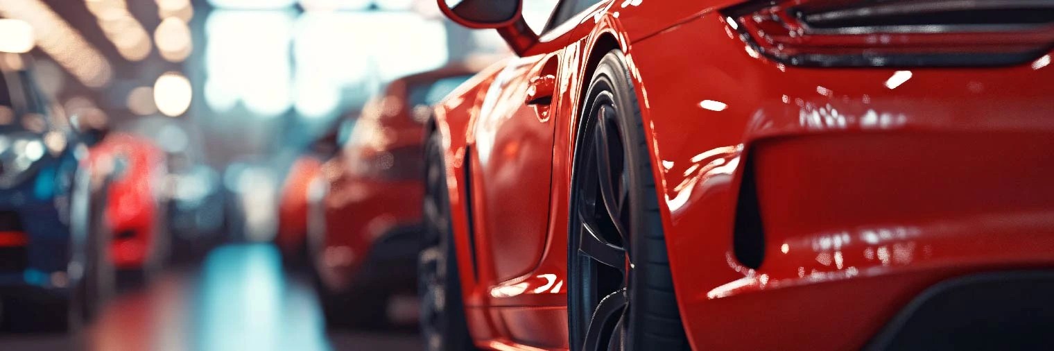 “A close-up, side view of a red car’s rear section, highlighting its sleek design in a showroom setting. This image represents Transight Systems’ cloud IoT platform and telematic solutions for the automotive industry, offering secure device management, real-time monitoring, and seamless integration to enhance operational efficiency and innovation.