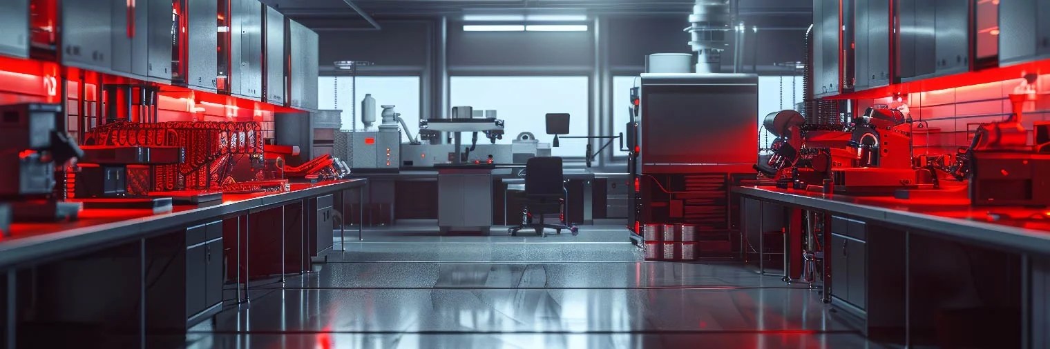 A modern manufacturing facility with sleek, automated machinery and red lighting, creating a futuristic atmosphere. This image represents Transight Systems’ cloud IoT platform for the manufacturing industry, offering secure device management, real-time monitoring, and seamless integration to enhance operational efficiency and innovation