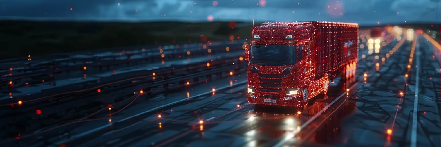 A digital representation of a truck equipped with telematic and IoT technologies, driving on a smart highway. The image symbolizes the transformation of the transportation and logistics industry through real-time tracking, fleet management, and IoT-driven solutions provided by Transight Systems.