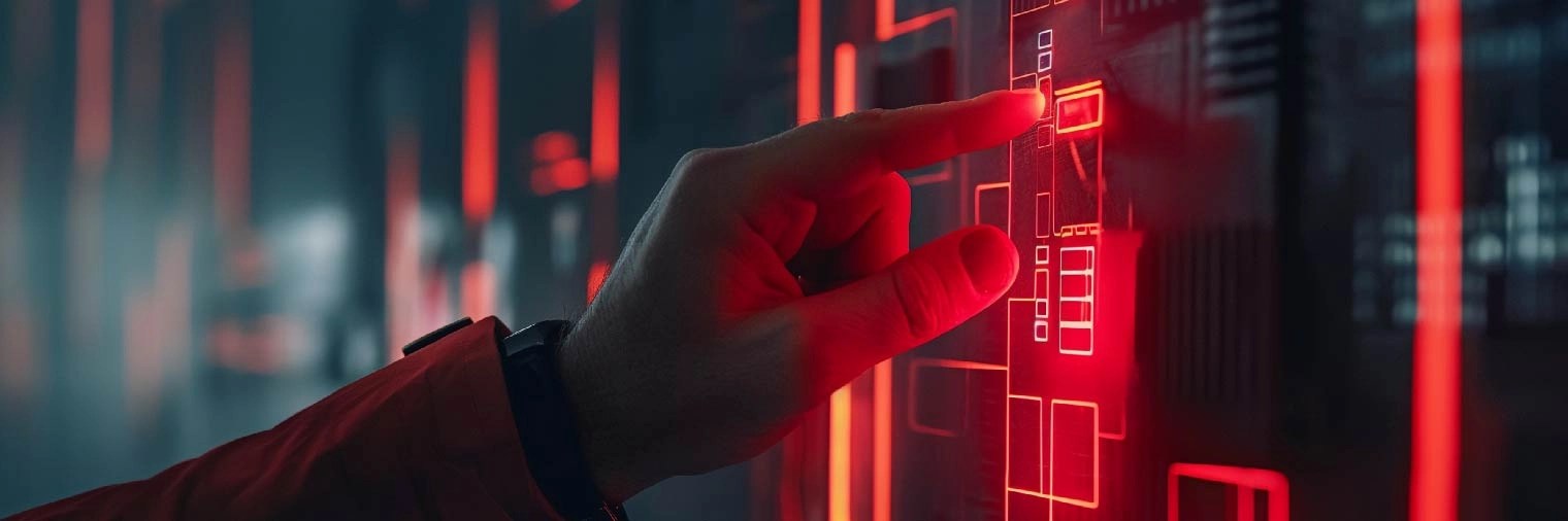 A close-up of a person’s hand interacting with a futuristic interface with red glowing elements on a panel, suggesting an advanced technological environment. This image represents Transight Systems’ industrial IoT solutions, highlighting the integration of modern technology in industrial settings for smart factories and automated processes.