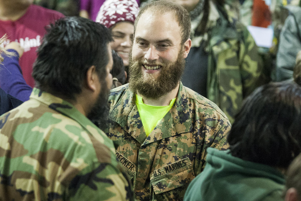 Veterans from all branches of military service participate in a forgiveness ceremony at the Four Prairie Knights Casino & Resort on the Standing Rock Sioux Reservation on Monday, Dec. 5, 2016.