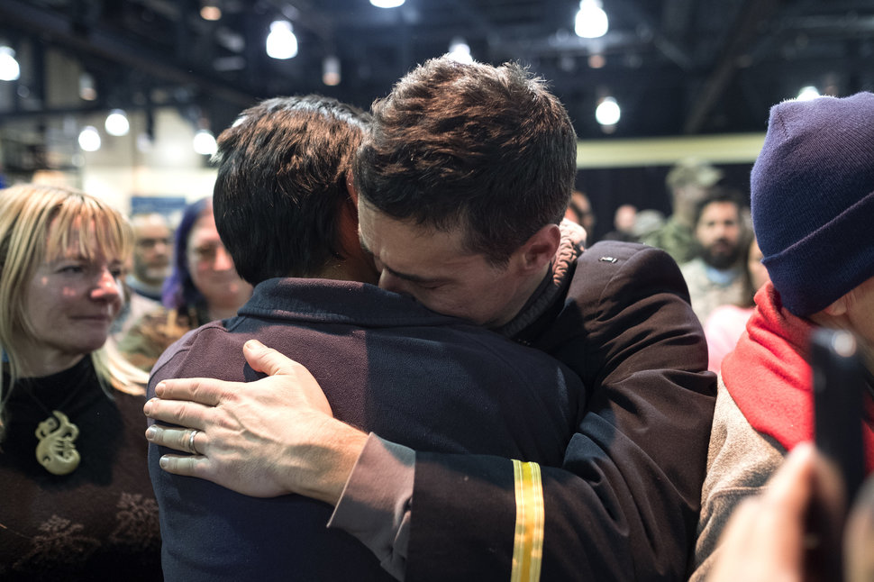 Gen. Wesley Clark Jr. hugs a man participating in a forgiveness ceremony for veterans at the Four Prairie Knights Casino & Resort on the Standing Rock Sioux Reservation on Monday, Dec. 5, 2016.
