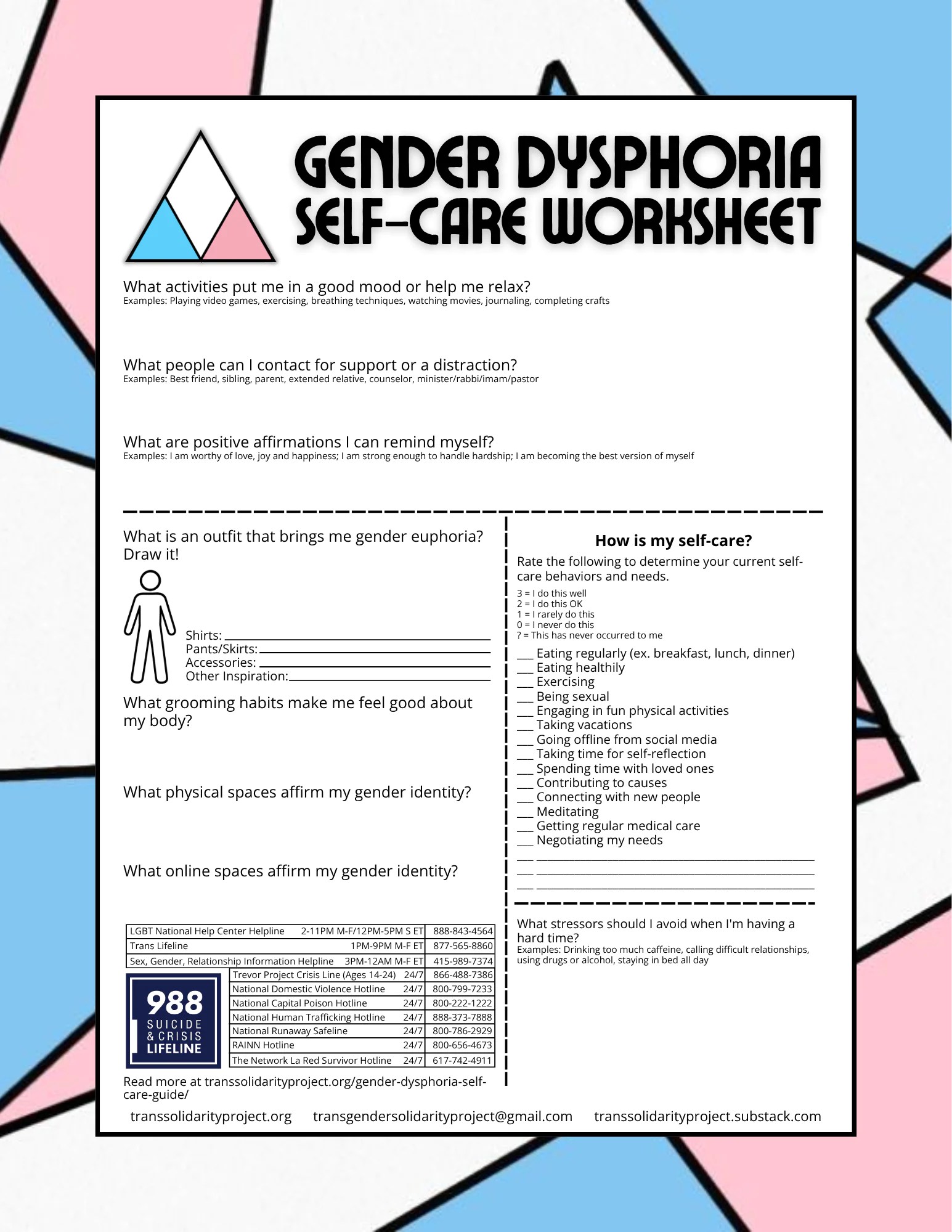 Printable Gender Dysphoria Self-Care Plan worksheet featuring fill-in-the-blank sections for mood-boosting activities, support contacts, affirmations, euphoria outfits, grooming habits, affirming spaces, a self-care rating assessment, and crisis hotlines.