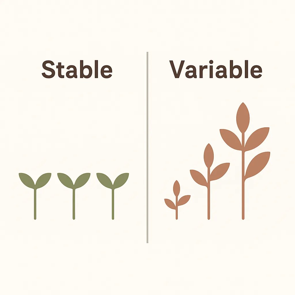 Comparison diagram showing stable versus variable genetic expression in plants