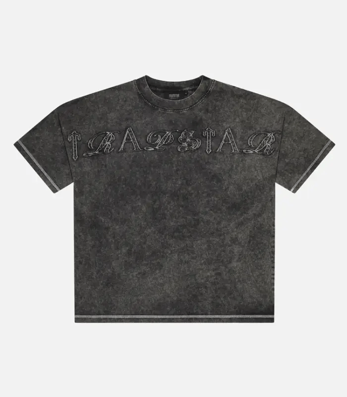 Grey Trapstar Patchwork Script T-Shirt featuring patchwork-style script branding, short sleeves, a crew neck, and a comfortable regular fit.