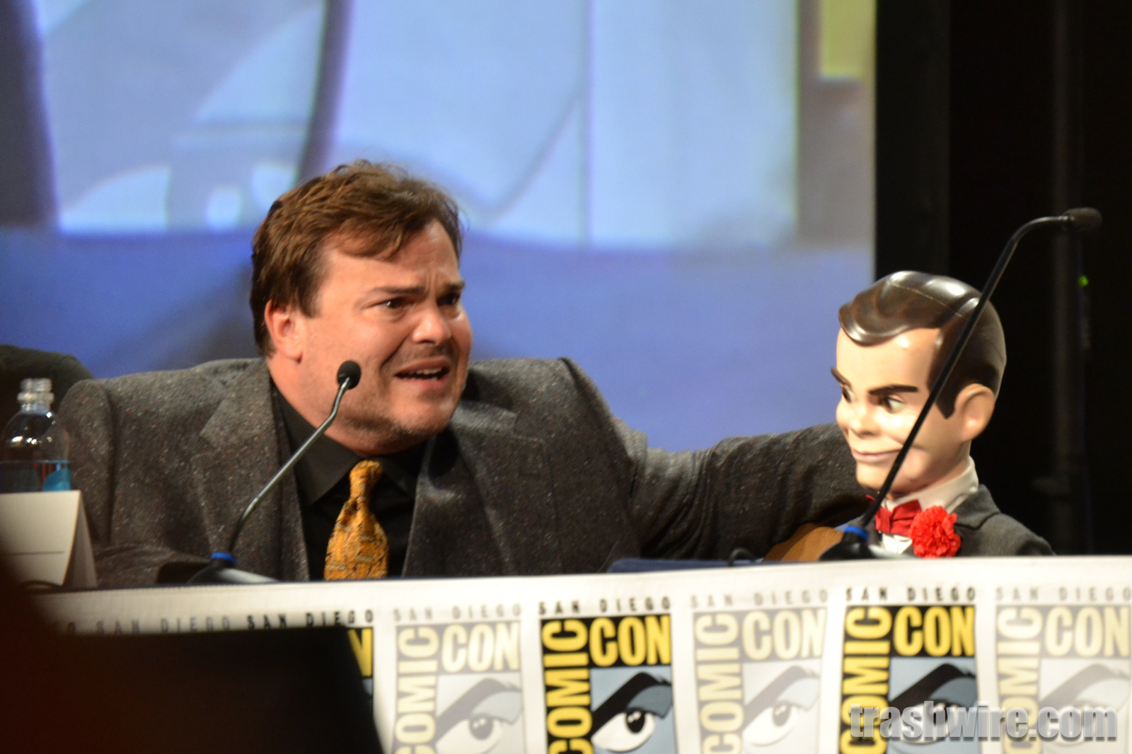 Jack Black and Slappy the dummy at the Goosebumps panel at Comic Con 2014 SDCC