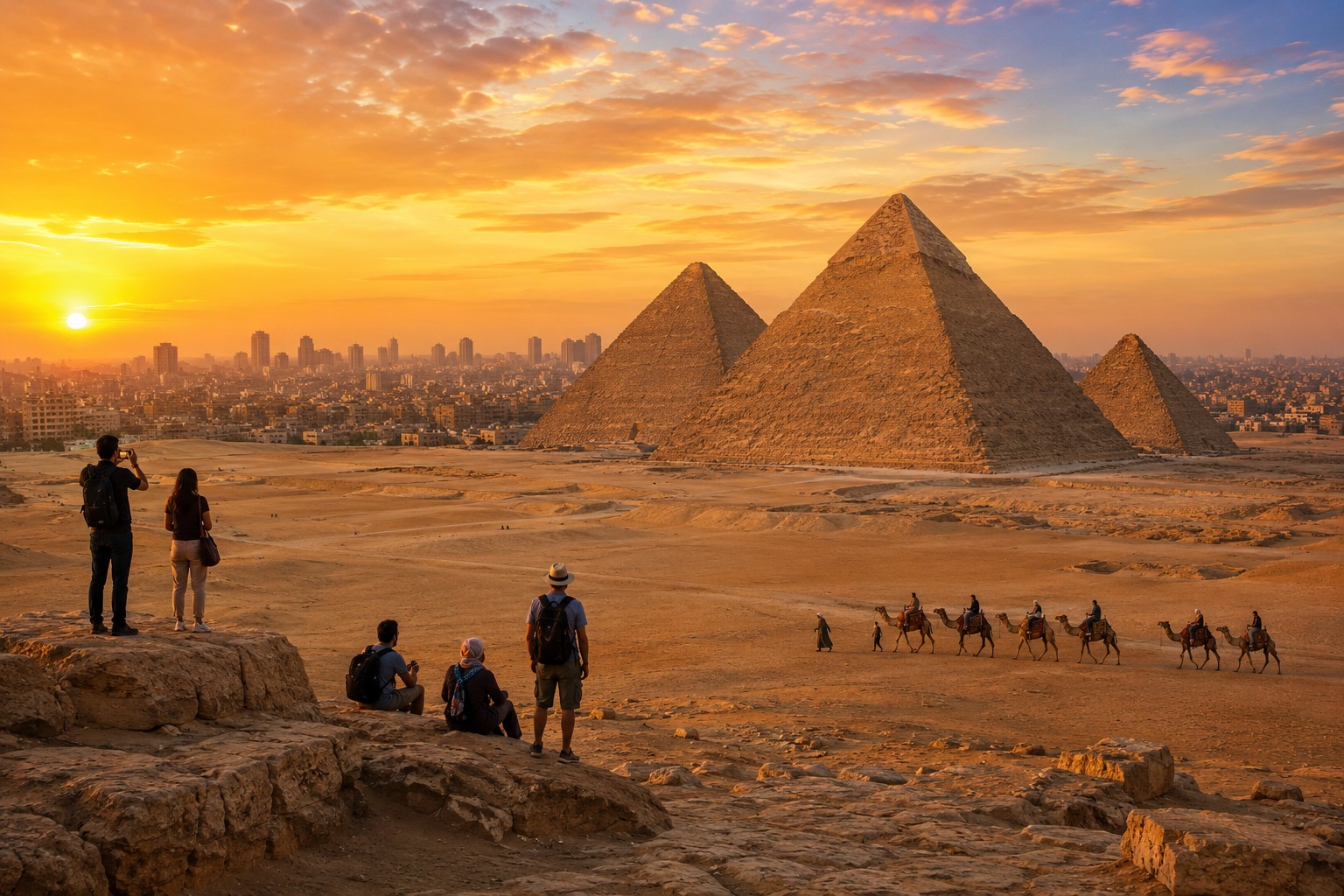 Travelers visiting the Giza Pyramids, one of the best things to do in Cairo for first-time visitors.