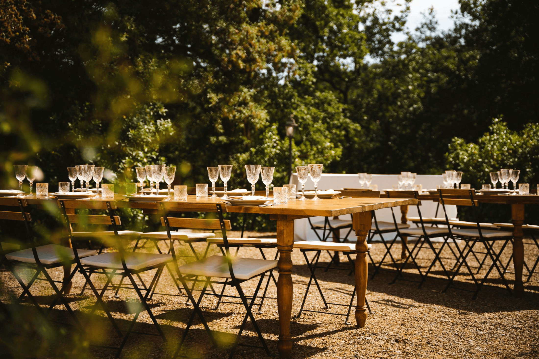 A long outdoor dinner table set with wine glasses beneath the trees