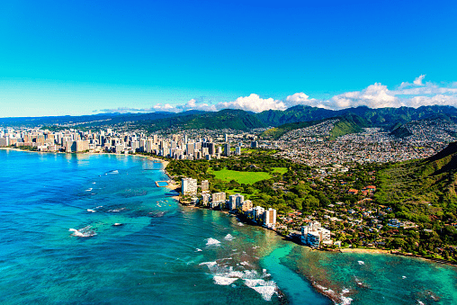 view of an hawaii beach from the air