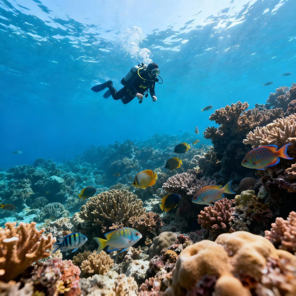 A scuba diver floats above a colorful, thriving coral reef teeming with schools of tropical fish in clear blue ocean water.