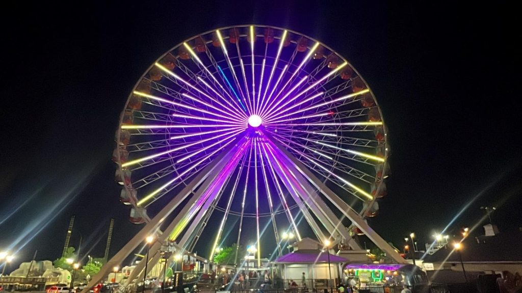 the Branson Ferris Wheel at night, located in Branson, Missouri.