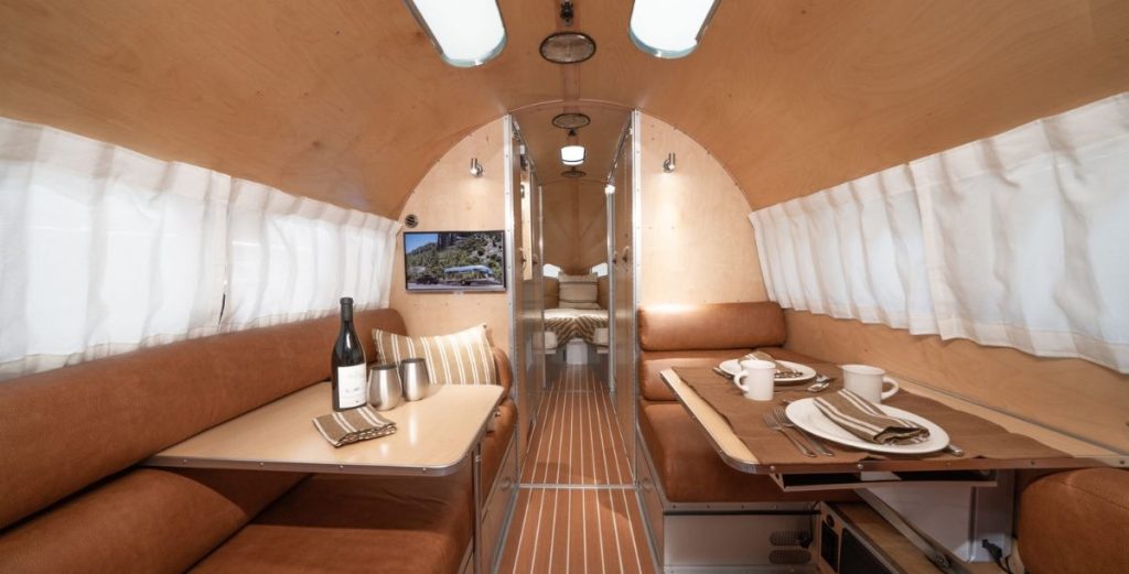 the interior of a Bowlus luxury travel trailer