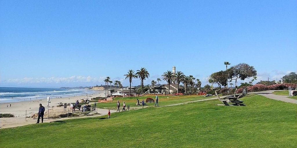 Panoramic view of a sunny coastal park with green grass, palm trees, and a sandy beach full of people leading to the Pacific Ocean.