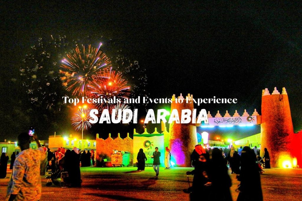 Fireworks and crowds at a night festival in Saudi Arabia with colorful lights and traditional architecture.
