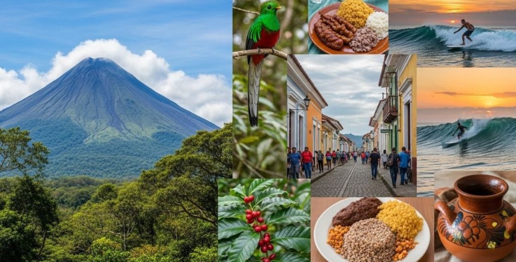Central America Collage of volcano, Quetzal bird, surfing, coffee beans, traditional food, and colonial town.