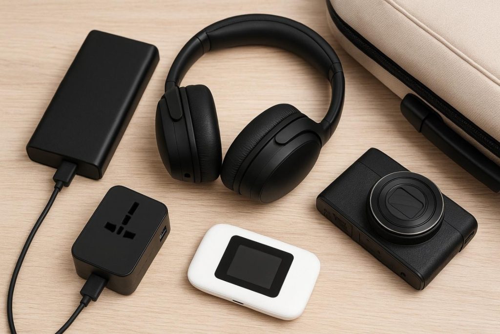Travel tech flat lay featuring headphones, a digital camera, a universal adapter, and a portable Wi-Fi hotspot.