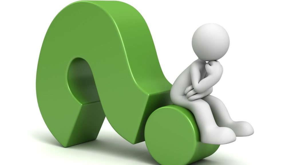 3D rendered figure sitting on a large green question mark, symbolizing thinking or confusion.