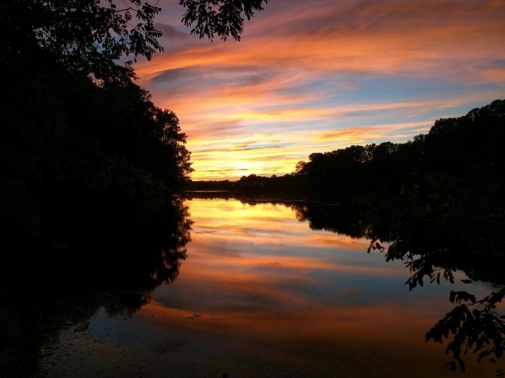 A vibrant orange and purple sunset reflects on a calm lake framed by dark silhouetted trees at twilight.