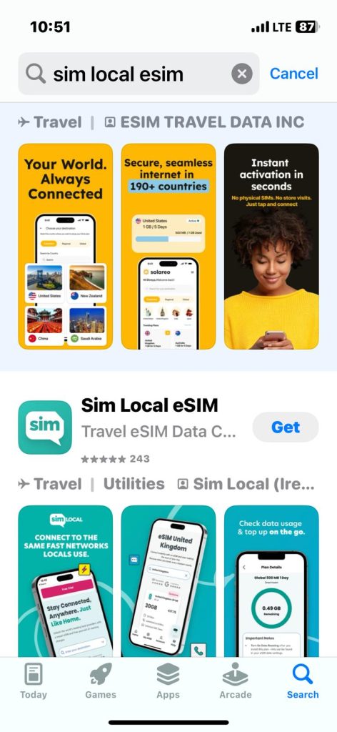 App store search results for travel eSIM apps featuring data plans for 190 countries and instant activation.