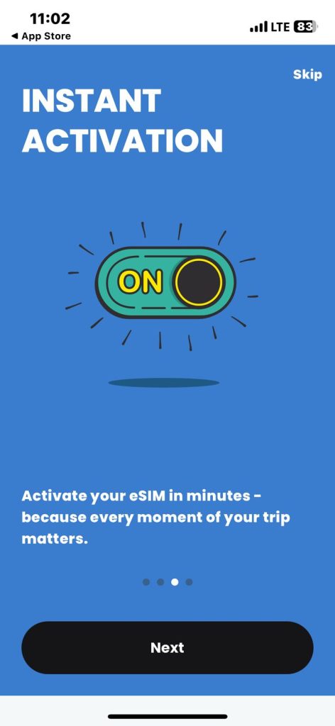 A mobile app screen with a bright blue background featuring a green "ON" toggle switch for instant eSIM activation.
