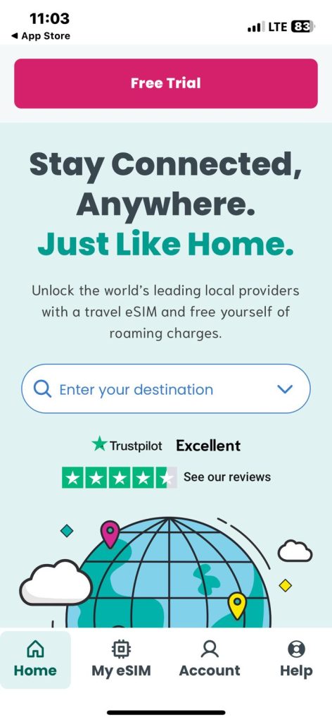 A mobile app home screen for travel eSIMs featuring a free trial, global search bar, and Trustpilot rating.