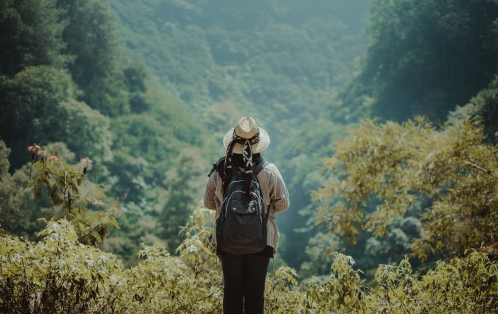Hiker with a sun hat and backpack overlooking a lush, misty green valley filled with dense tropical trees.