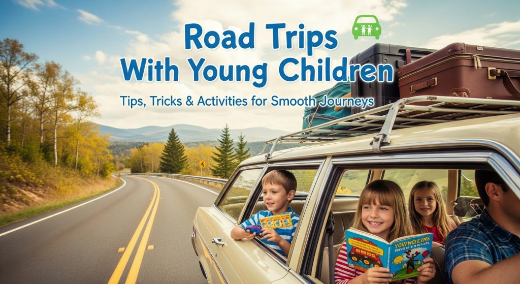 Family with kids in a vintage station wagon on a scenic mountain road trip; text: Road Trips With Young Children.