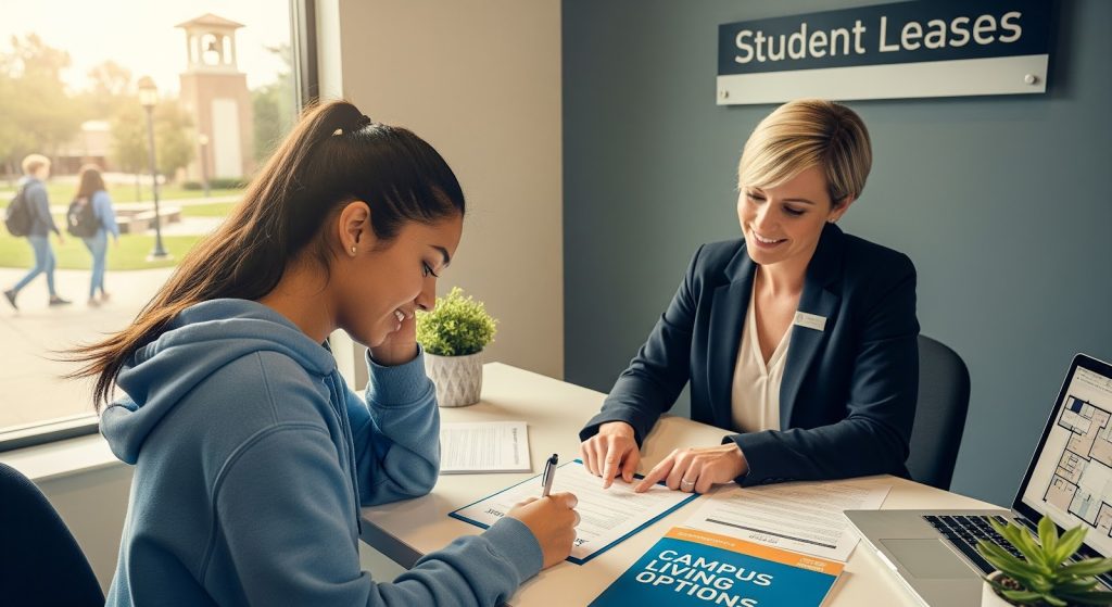 Student signing a housing contract with a leasing agent in an office with a "Student Leases" sign.