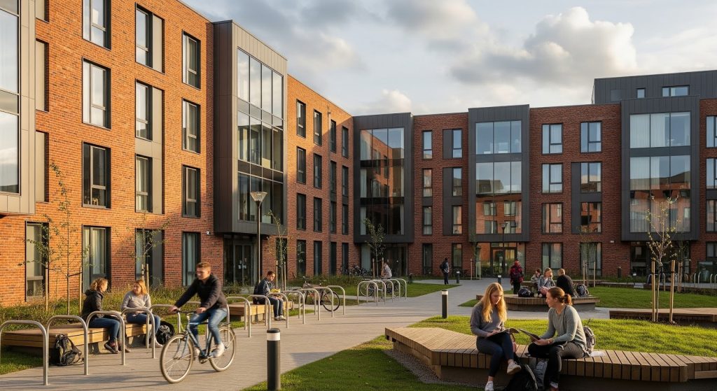 Students studying and cycling in a modern brick apartment courtyard with bicycle racks and wooden benches.