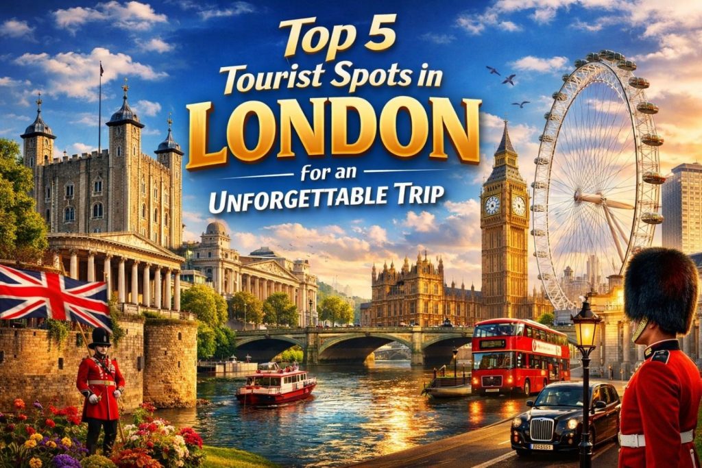 Travel graphic of London landmarks including Big Ben, London Eye, and King's Guard with "Top 5 Tourist Spots" text.