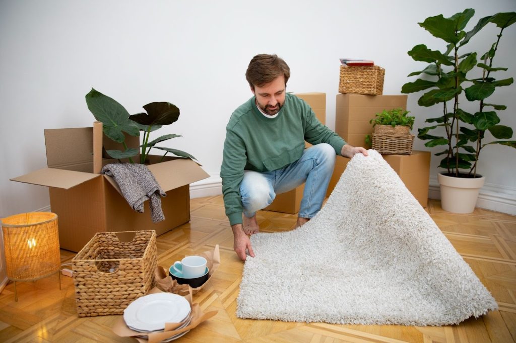 Man unrolling a white shag rug on a wooden floor in a new home surrounded by moving boxes and plants.