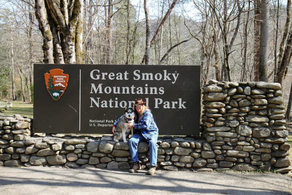 A person and their husky sitting in front of the Great Smoky Mountains National Park entrance sign.