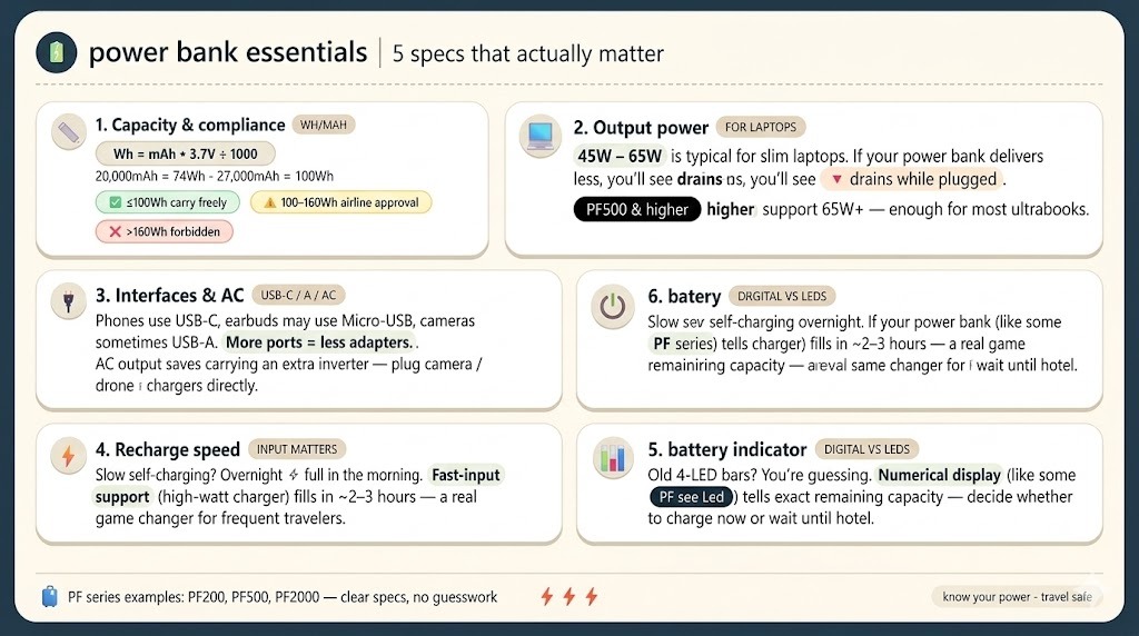 Infographic "Power Bank Essentials" explaining Wh capacity, airline compliance, 65W laptop output, and fast charging.